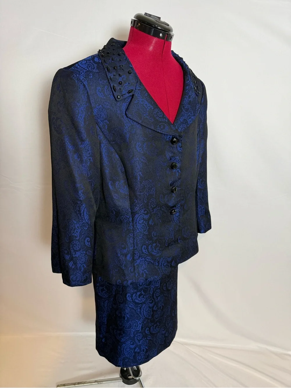 Tahari ASL Skirt Suit Size 16 Blue & Black Paisley 2-Piece Set Blazer & Skirt